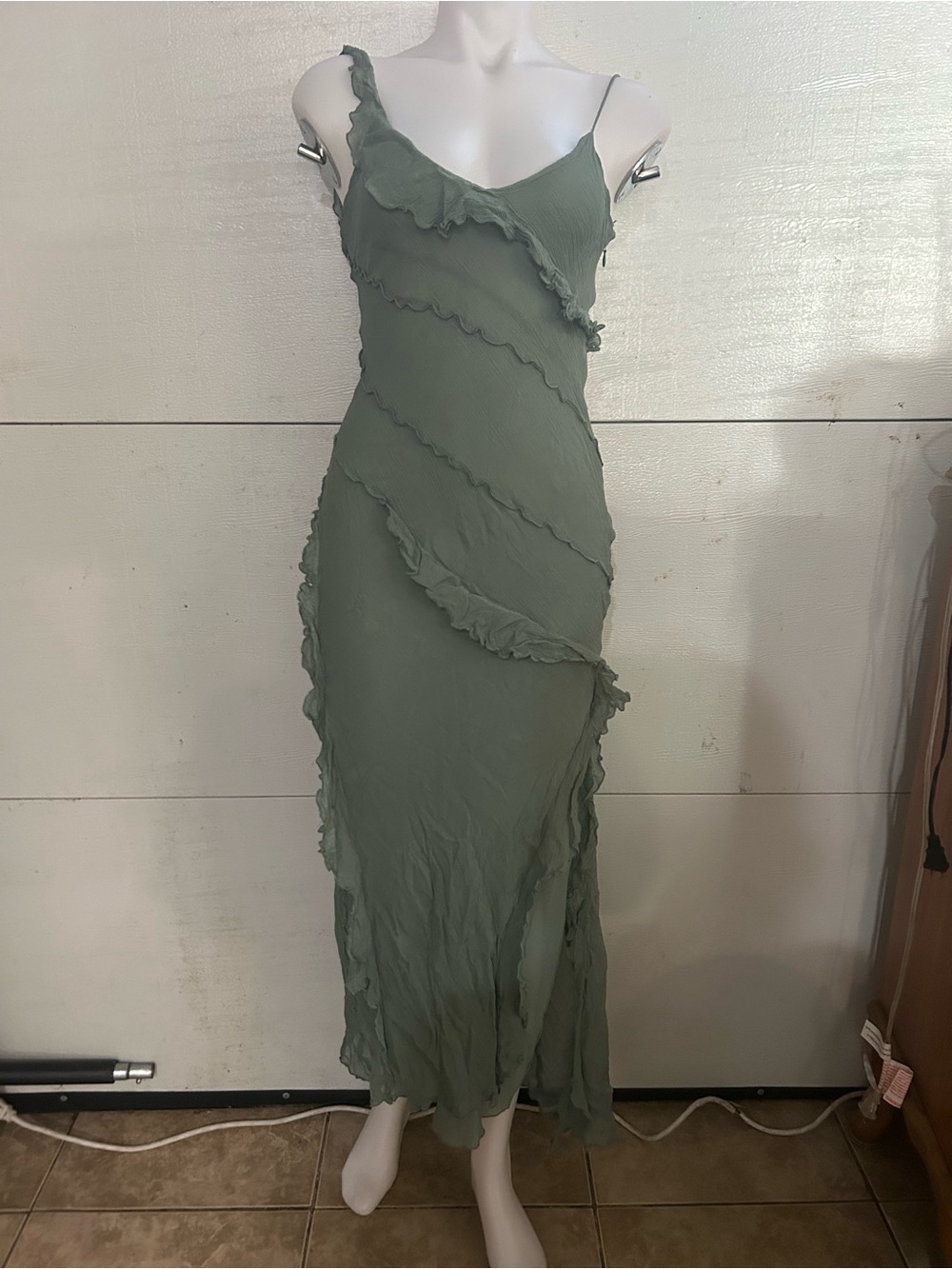 Zara Olive Green Ruffled Maxi Slip Dress
